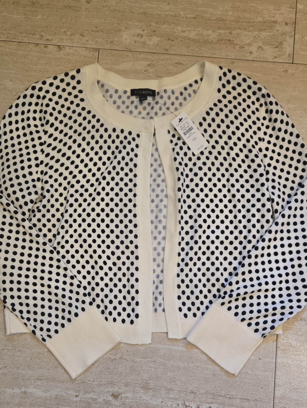 New Talbots Creamy White/Black Polka Dot Open Front Cardigan